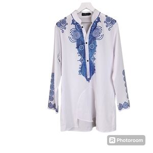 Lucmatton Traditional Unisex African white & blue Dashiki, sz M